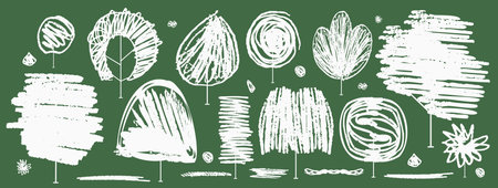 Tree and shrub silhouette simple vector illustration, chalk and crayon texture. Flat strokes abstract design, scribble, chalkboard effect, graphic, hand-drawn nature scene with scratch-like detailsのイラスト素材