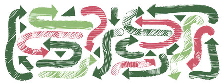 Bold arrow in rough sketchy style. Pencil, crayon, charcoal strokes shape, with scribbles, dashes, squiggles. Wave curve points in playful direction. Green and red hand-drawn accent. Vector designのイラスト素材