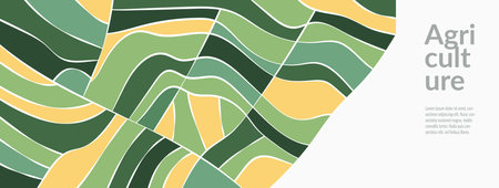 Abstract vector design featuring rice field, wheat, tea crop across rural landscape. Eco-friendly, minimal textures and patterns highlight nature and agriculture. Banner, cover, environmental templateのイラスト素材