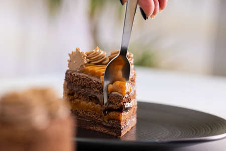 Delicious piece of cake on black plate.の写真素材