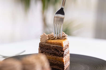 Delicious piece of cake on black plate.の写真素材