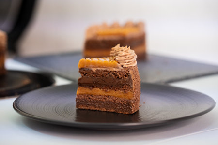 Delicious piece of cake on black plate.