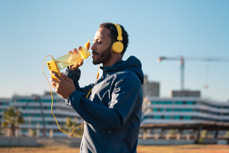 Runner man drinking water from a sports bottle outdoors.の写真素材
