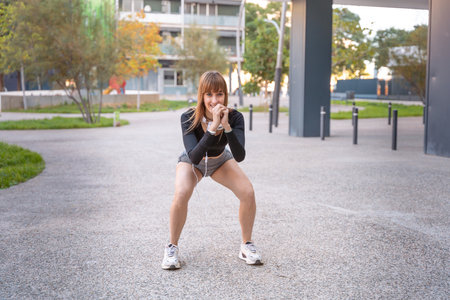 Active and fit female athlete doing squat exercise outdoors.の写真素材