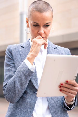Vertical shot caucasian business woman with pensive face looking at digital tablet outdoors.の写真素材
