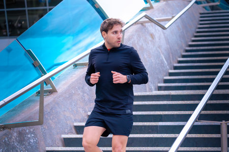 Athlete fitness training running down stairs doing dynamic exercise outdoor.