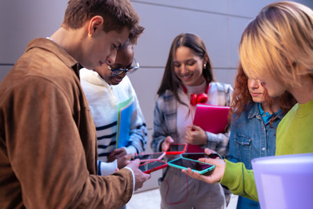 Students having fun with mobile phones creating content on social media.