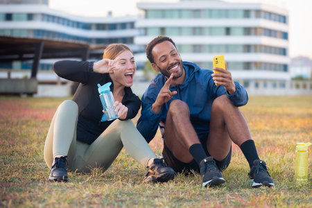 Happy young couple taking a selfie with their smartphone ready to exercise.