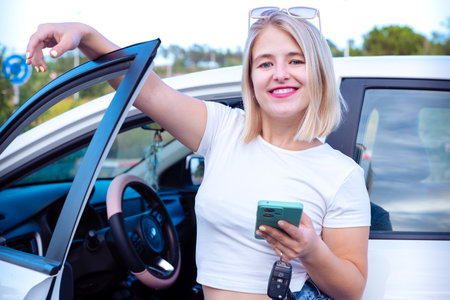 Young Woman Enjoying a Day Out by Her Car