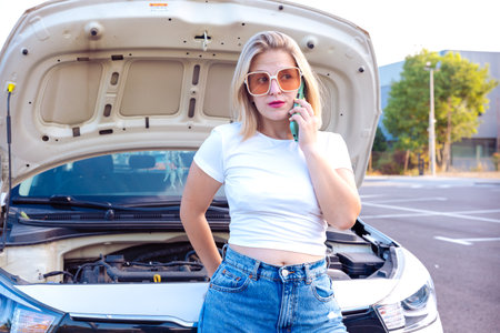 Young woman calling the tow truck, she is stranded with the car on the highway