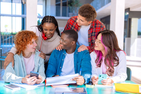 Happy diverse group of students studying in the library