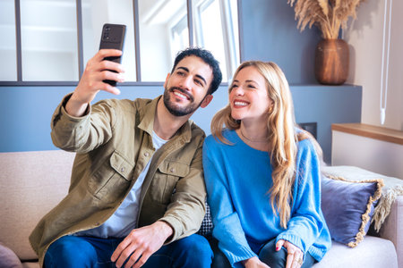 Happy young couple takes a selfie together with smartphone on sofa at home.の写真素材