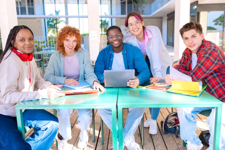 Group of students, prepare for university exams, use a laptop and smartphone.の写真素材