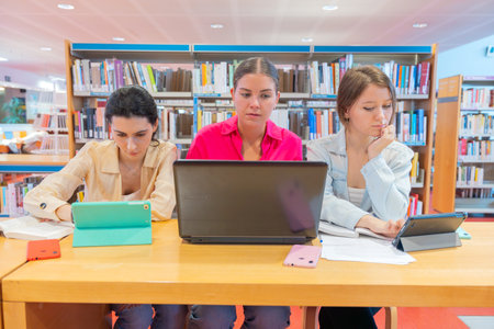 Students using laptops and tablets for study in library