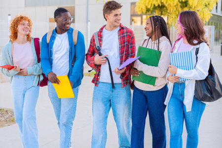 Diverse group of students smiling and walking together outdoors with notebooksの写真素材
