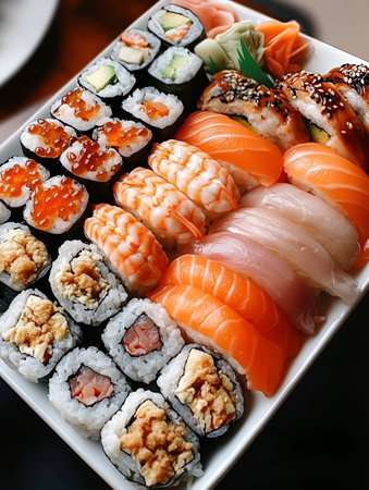 Assorted sushi platter with nigiri, sashimi, and rolls in a square dish.Verticalの素材