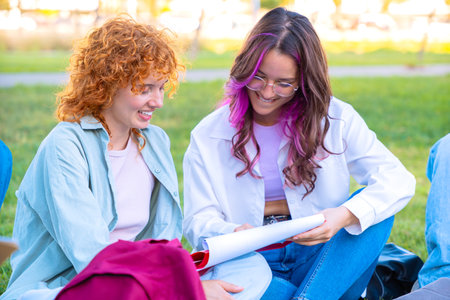 Young students using notebook together while sitting on grass outdoorsの写真素材