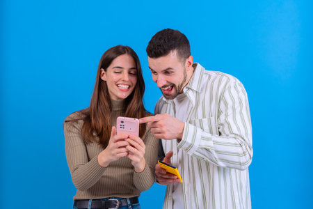 Young couple sharing fun moments on their smartphones against blue backgroundの写真素材
