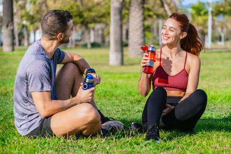 Man and woman resting on grass with water bottles after exerciseの写真素材
