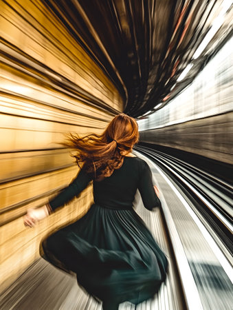 Woman in motion running through a fast-moving tunnel with dynamic blur.Verticalの素材