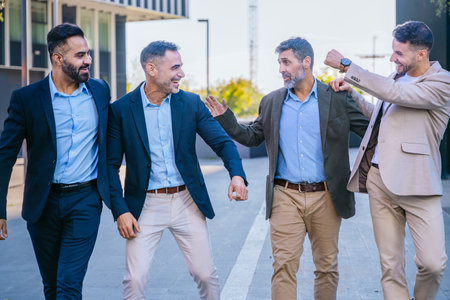 Cheerful businessmen celebrating outdoorsの写真素材