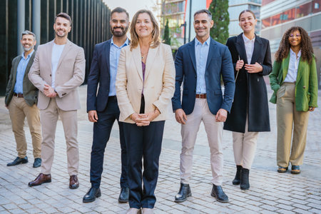 Business professionals standing together looking at camera outdoors