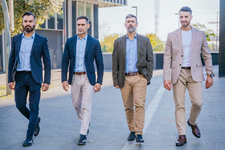 Group of businessmen walking confidently outdoorsの写真素材