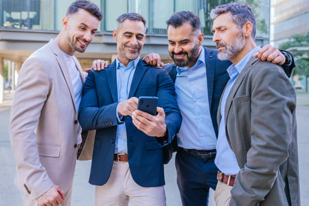 Group of Businessmen Smiling and Looking at a Smartphone Outdoors