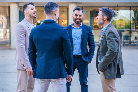Business Professionals Having a Discussion Outdoors in Modern Urban Settingの写真素材