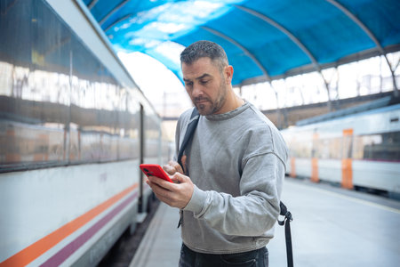 Man Using Red Smartphone at Train Station