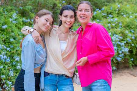 Three Happy Women Posing Together in a Green Parkの写真素材