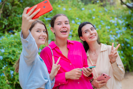 Three Happy Women Taking a Selfie in a Green Parkの写真素材