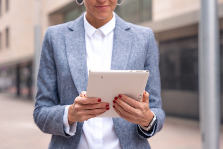 Unrecognizable Caucasian business woman with pensive face using a digital tablet outdoors.の写真素材