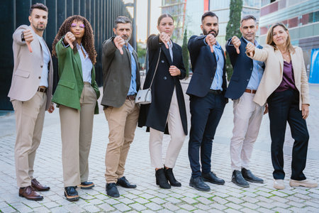 Confident Business Team Pointing Forward in Urban Settingの写真素材