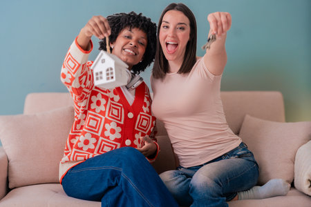 Afro American and Caucasian women celebrating new home with keys and house modelの写真素材