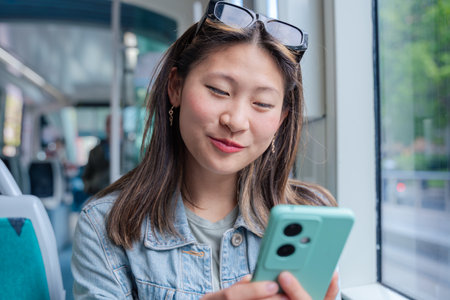 Smiling Chinese woman looking at smartphone while traveling by tram in the cityの写真素材