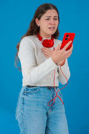 Worried young woman reacts in shock while looking at smartphone with red headphones