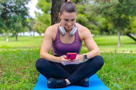 Sporty woman sitting on yoga mat using smartphone outdoors in green parkの写真素材