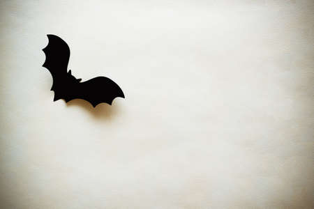 Halloween bat decor in the upper left corner of empty tinted field with copy space, holiday postcard blank. Template for greetings and announcements.の写真素材