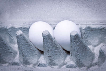 Two chicken eggs in a cardboard box. in black and white. Close-up.の写真素材