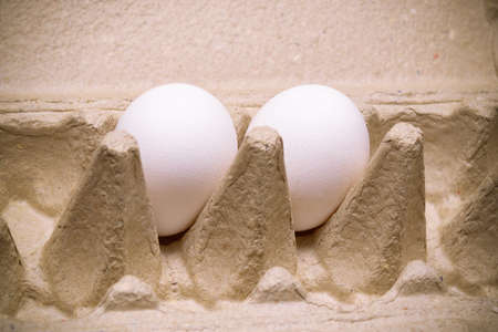 Two white chicken eggs in a cardboard container. Close-up.の写真素材