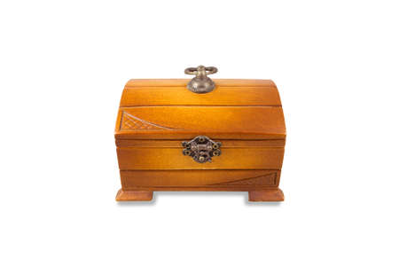 Wooden decorative vintage closed chest, front view, isolated on white background.
