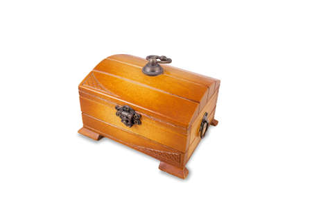 Wooden decorative vintage closed chest, top and side view, isolated on a white background.