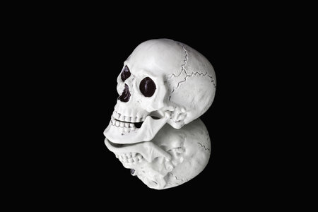 Half-turn human skull on black background on mirror surface with reflection