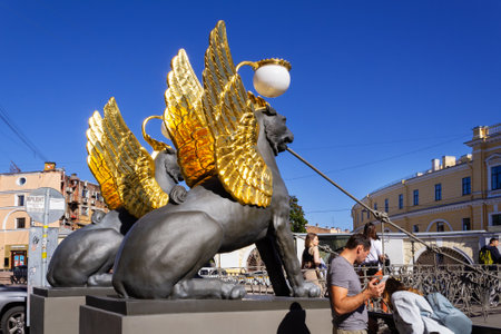 Winged lions at Bank bridge in Saint Petersburg. - August 2020, Saint Petersburg, Russia.のeditorial素材