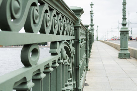 Part of fence of Trinity Bridge over Neva River close-up - August 2020, St Petersburg, Russia.のeditorial素材