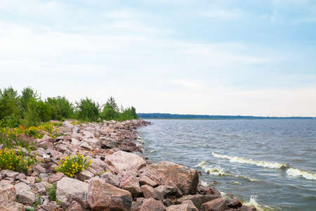 Rocky seashore with green grass and yellow flowers, sea waves, cloudy weather.の写真素材