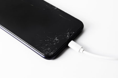 Black smartphone with broken screen and white charging cable in it on white background close-upの写真素材