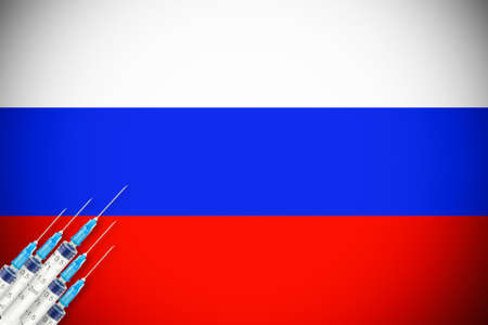 Russian flag tricolor with several syringes in left corner. Symbol of universal vaccination against covid in Russia.の写真素材