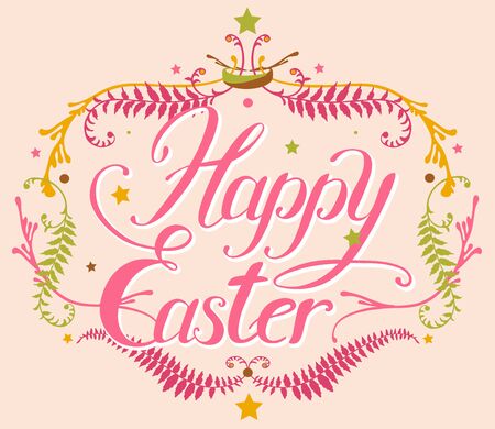 happy easter hand lettering set whith decorative elementsのイラスト素材